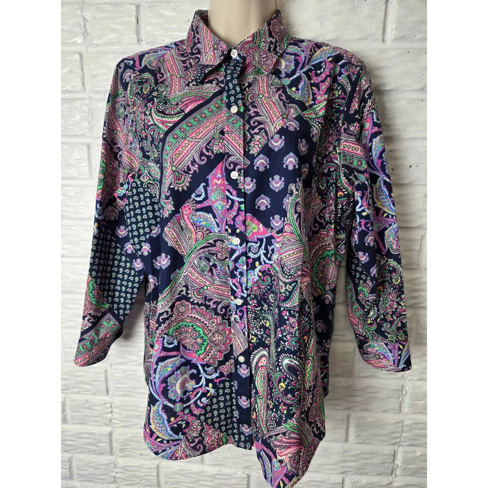LAUREN Ralph Lauren blouse Women's Large Button up Paisley 3/4 sleeve Non Iron